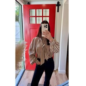 Vintage Gold & Black Striped Blouse w/ Matching Neck Tie (Fits S–M)